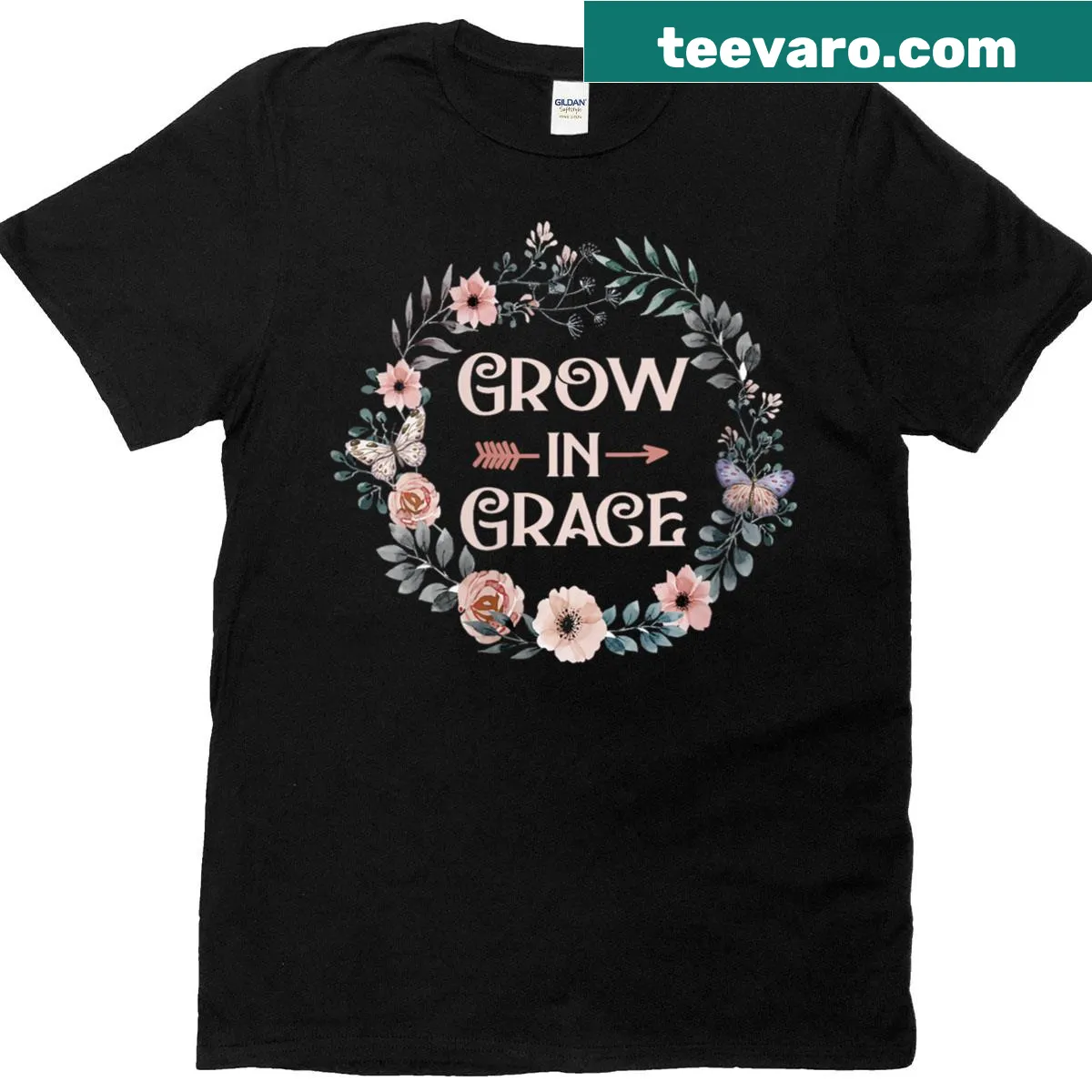 Floral t-shirt featuring 'Grow In Grace' inspirational message — on a men's t-shirt