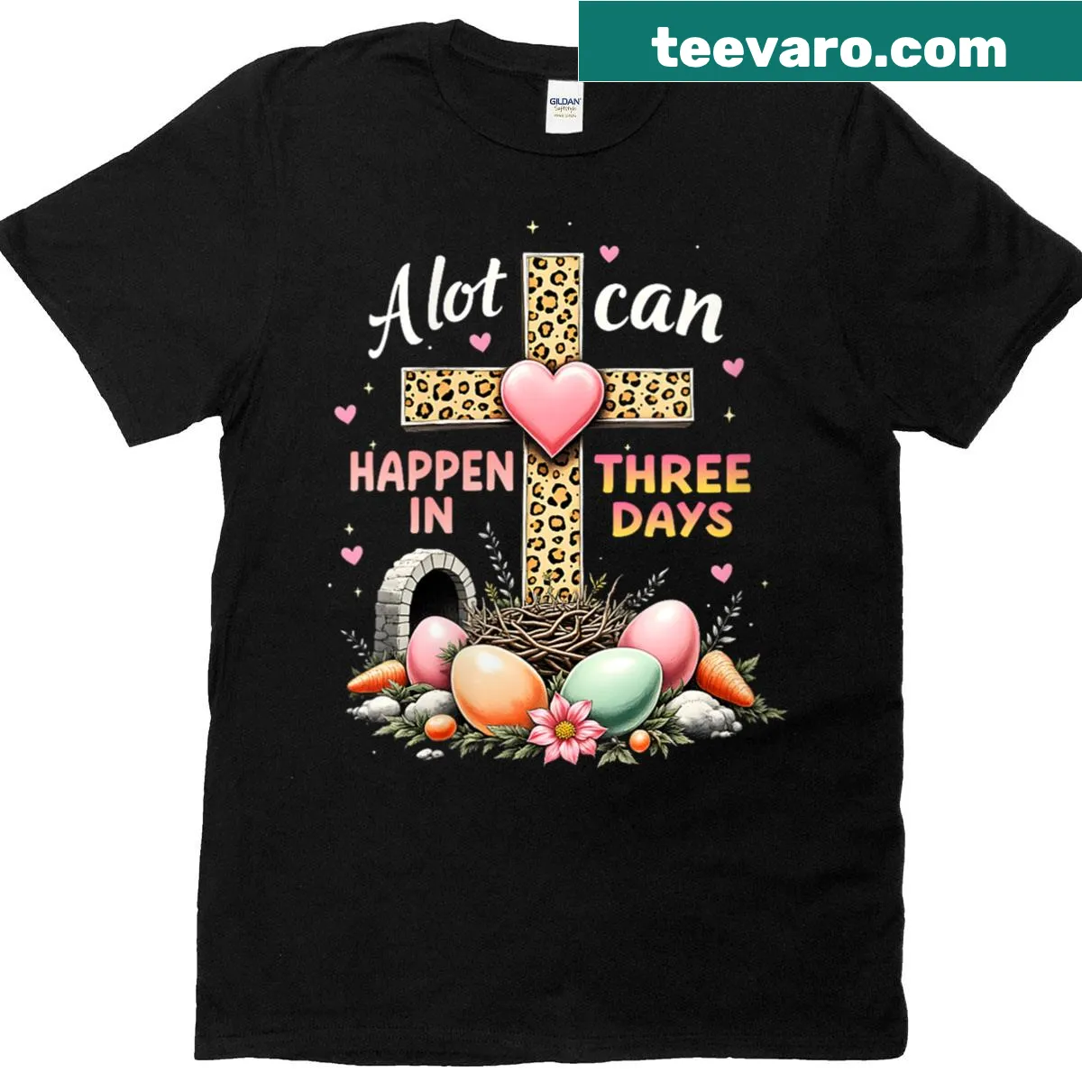 Easter t-shirt with 'A Lot Can Happen In 3 Days' message — on a men's t-shirt