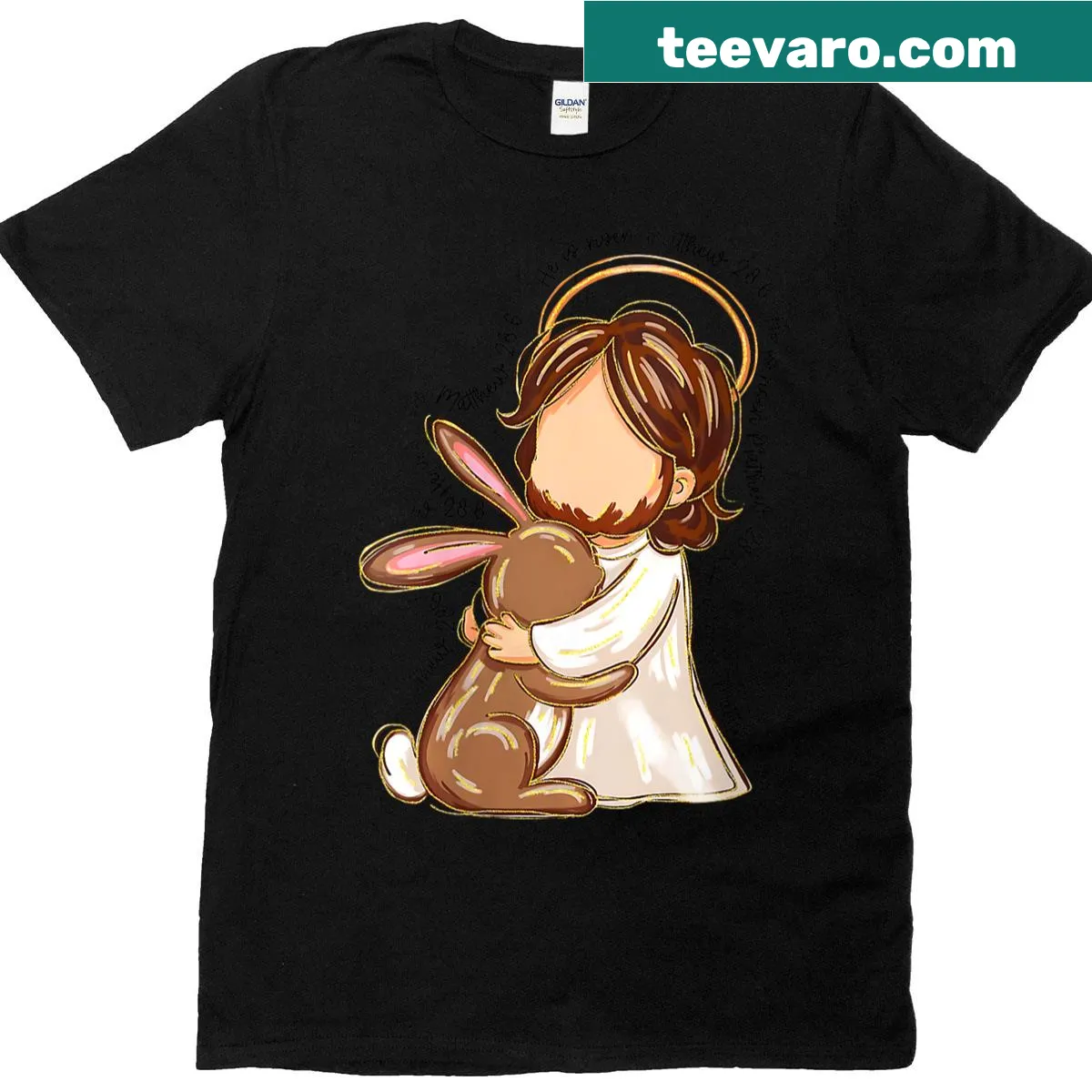 Easter-themed toddler t-shirt with bunny and 'He Is Risen' text — on a men's t-shirt