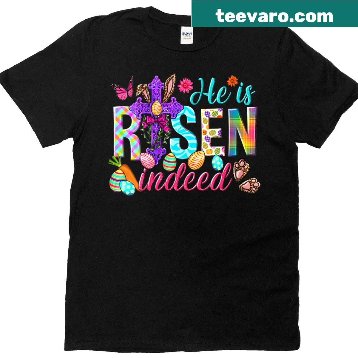 Easter T-shirt with the message 'He Is Risen Indeed' — on a men's t-shirt