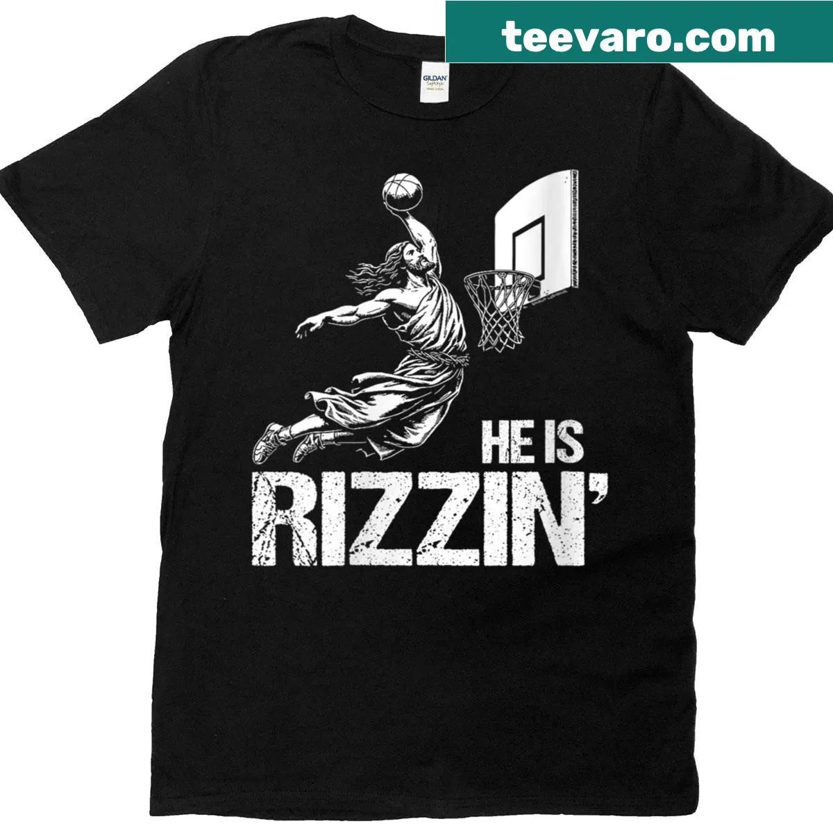 Funny t-shirt featuring Jesus playing basketball with 'He Is Rizzin' text — on a men's t-shirt