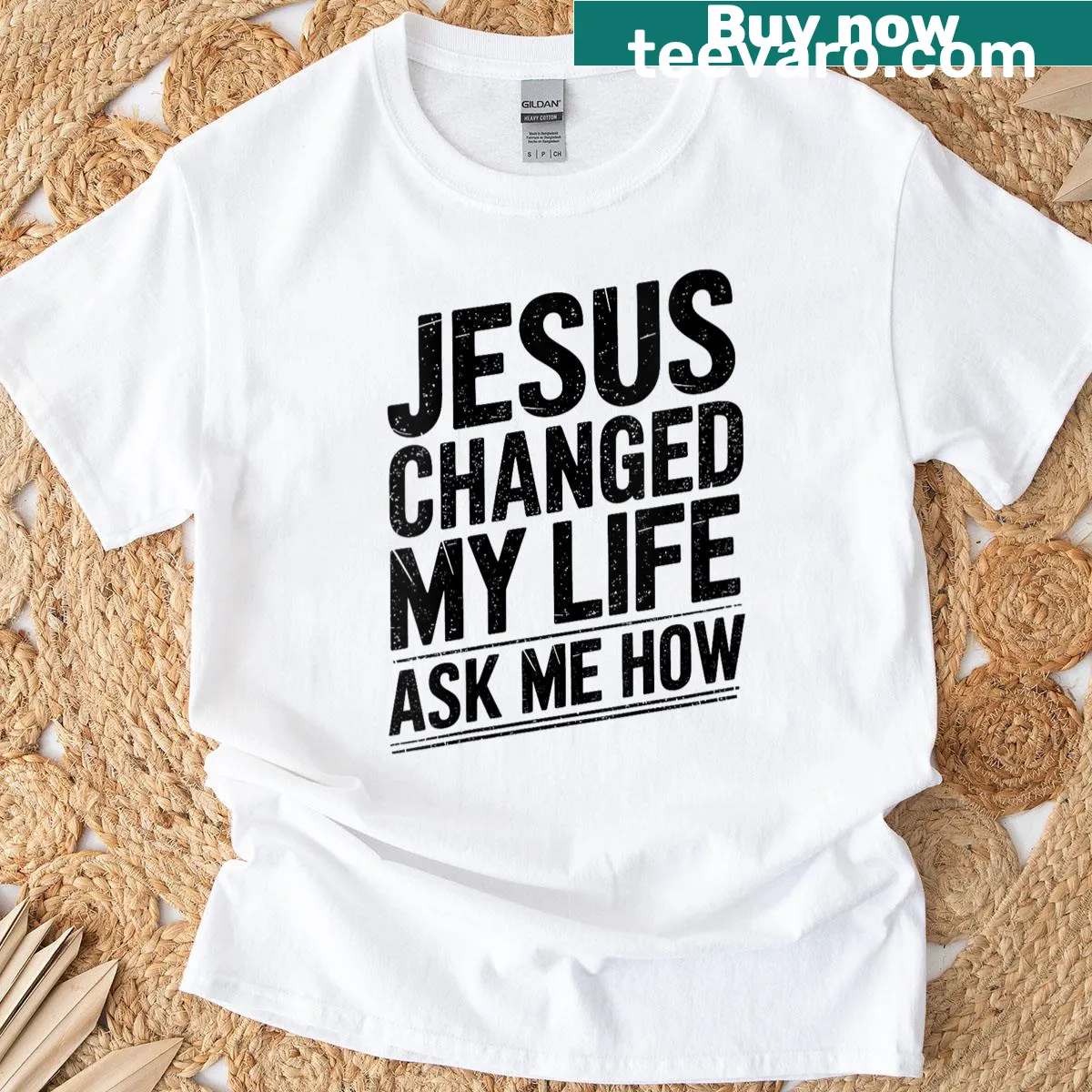 Christian t-shirt with 'Jesus Changed My Life' text for women — on a men's t-shirt