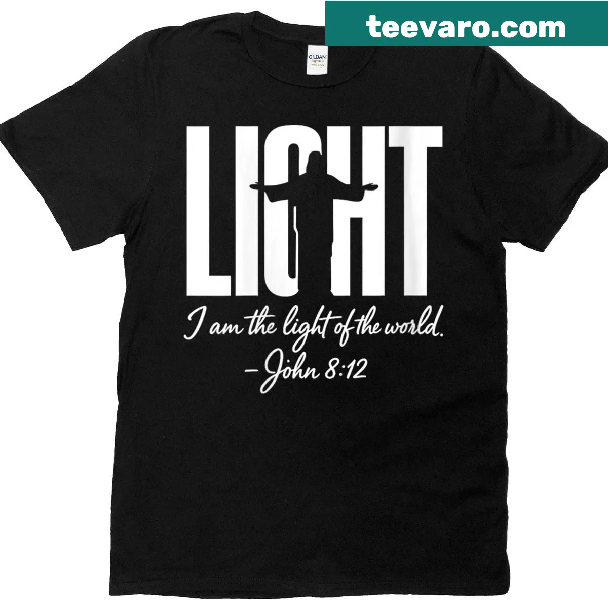 T-shirt with 'Jesus Christ Light Of The World' text from John 8:12 — on a men's t-shirt