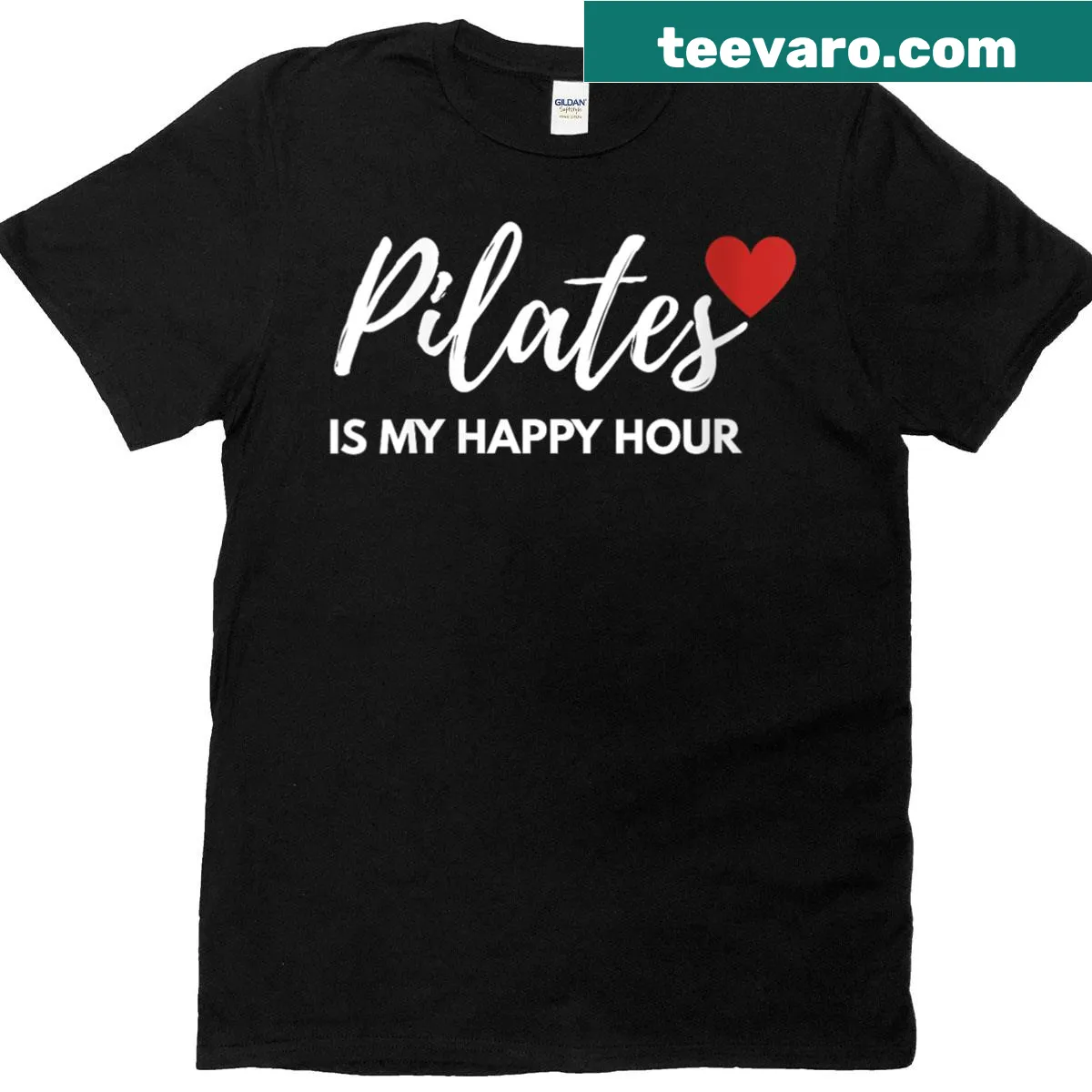 T-shirt with the phrase 'Pilates Is My Happy Hour' in playful typography — on a men's t-shirt