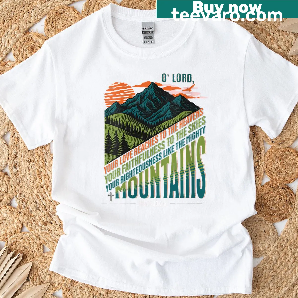 T-shirt featuring Psalm 36:5-6 text about Jesus' love — on a men's t-shirt