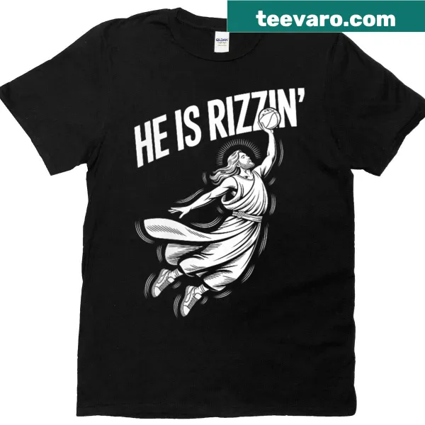 T-shirt featuring the 'He Is Rizzin' Easter meme in cartoon style