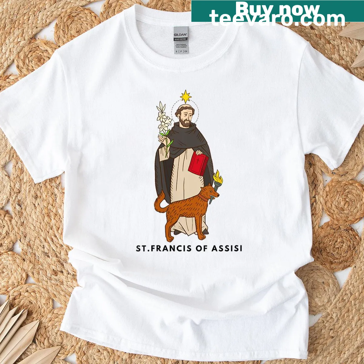 T-shirt featuring an illustration of Saint Francis with animals — on a men's t-shirt