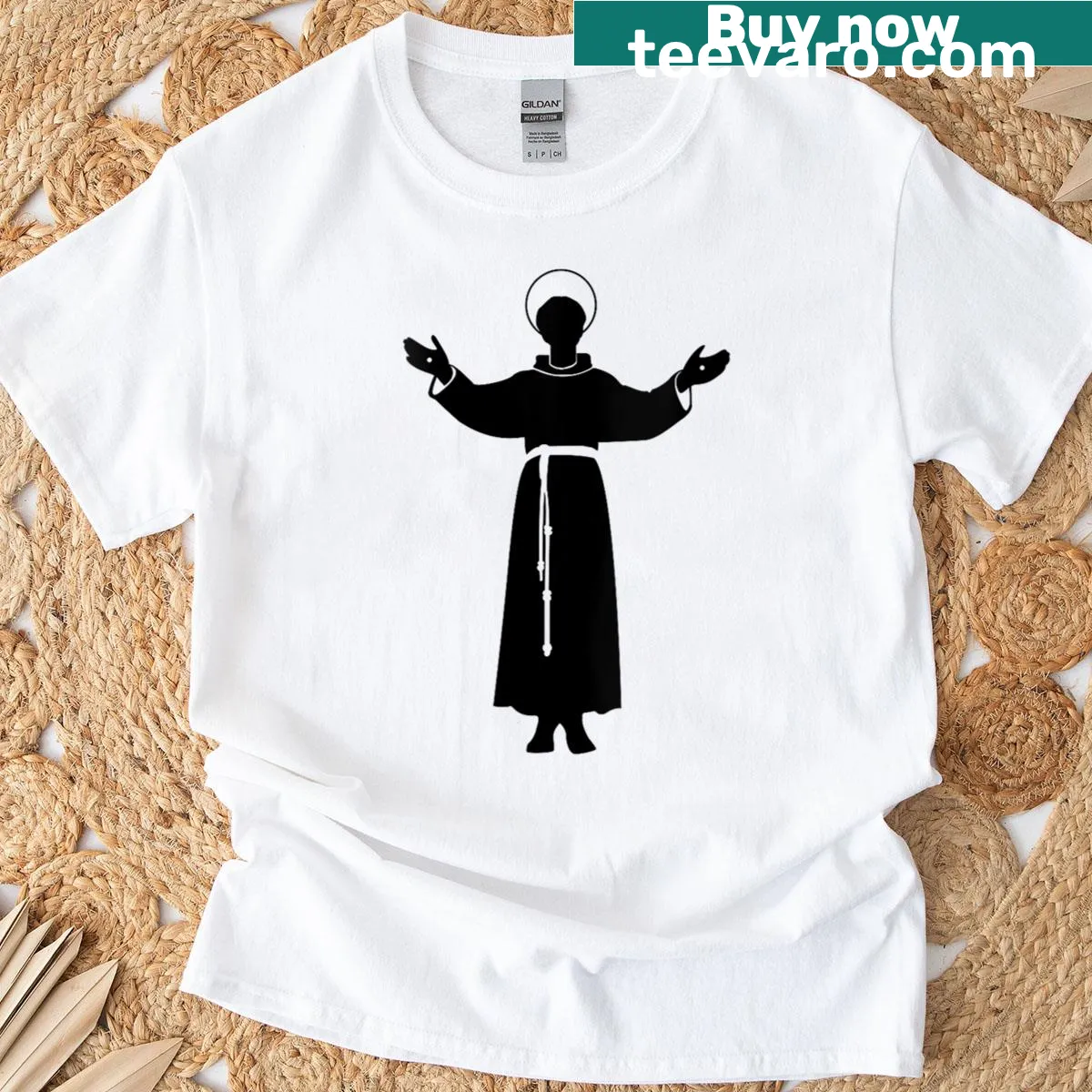 Artistic depiction of Saint Francis with stigmata on the t-shirt — on a men's t-shirt