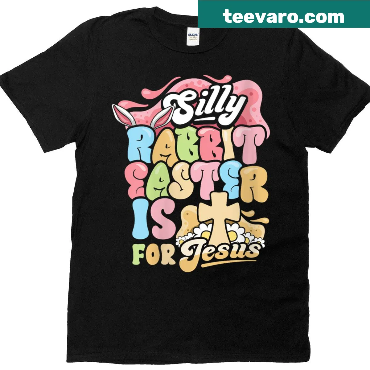 Funny Easter T-shirt with bunny ears and text about Jesus. — on a men's t-shirt