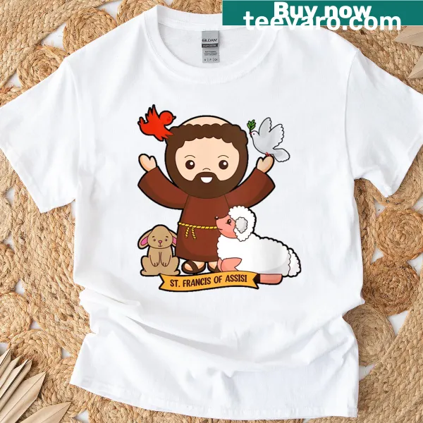 St. Francis of Assisi with animals illustrated on a women's t-shirt