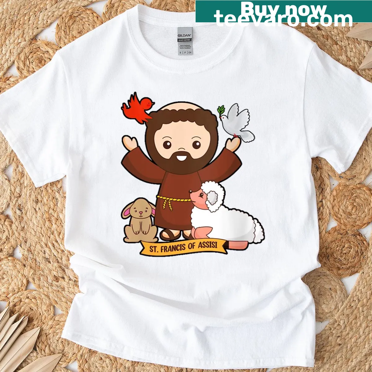 St. Francis of Assisi with animals illustrated on a women's t-shirt — on a men's t-shirt
