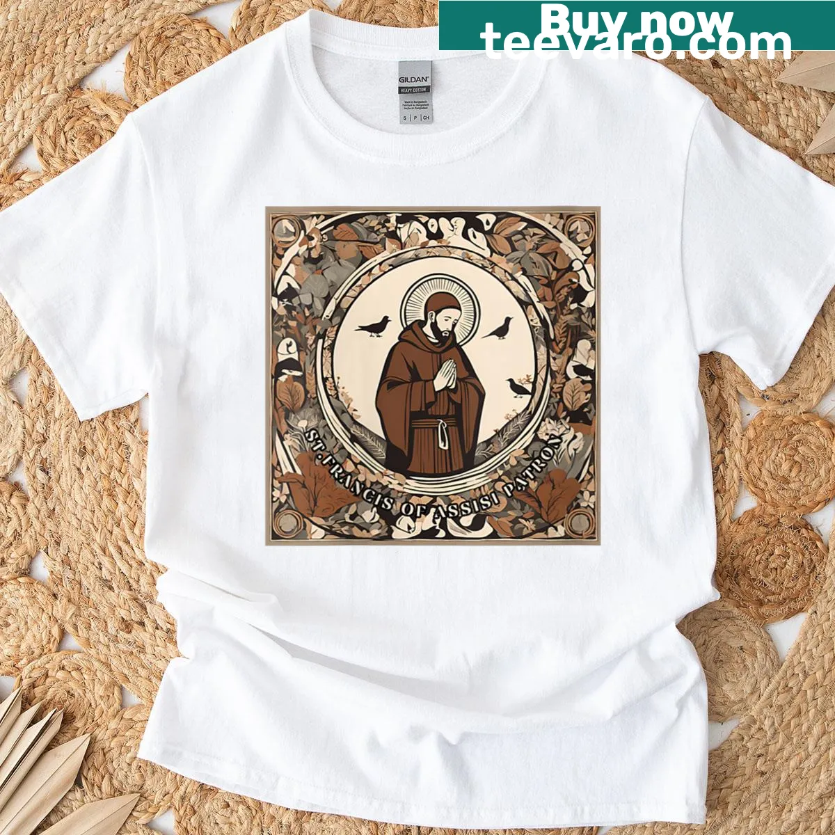Graphic representation of St. Francis of Assisi on a women's t-shirt — on a men's t-shirt