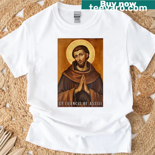 Iconic illustration of St. Francis of Assisi on a women's t-shirt