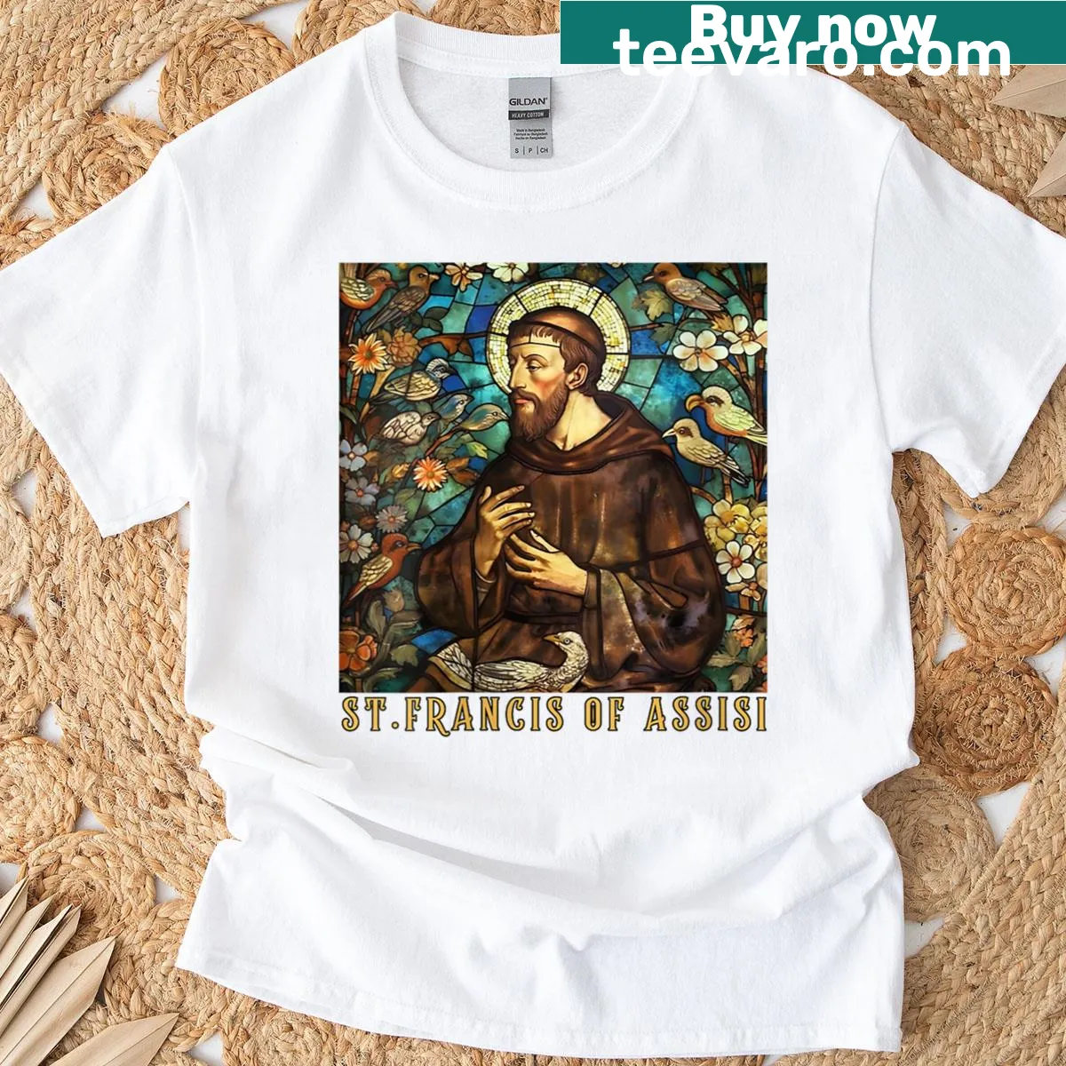 T-shirt featuring a stained glass illustration of St. Francis of Assisi — on a men's t-shirt