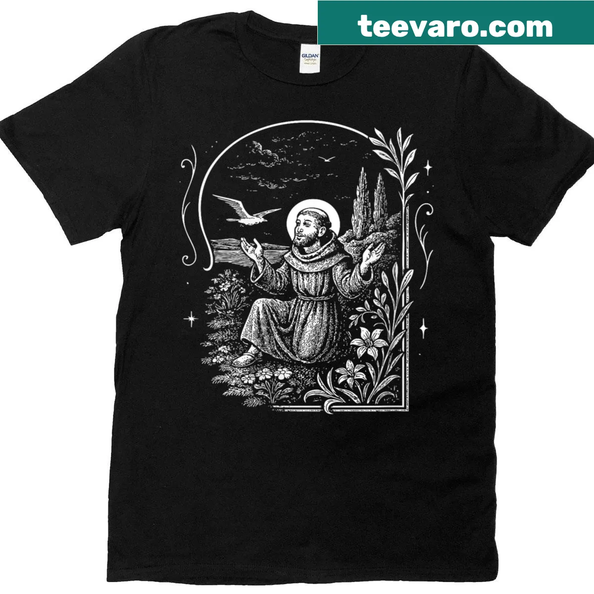 Vintage St. Francis of Assisi T-shirt with animal and ecology theme — on a men's t-shirt