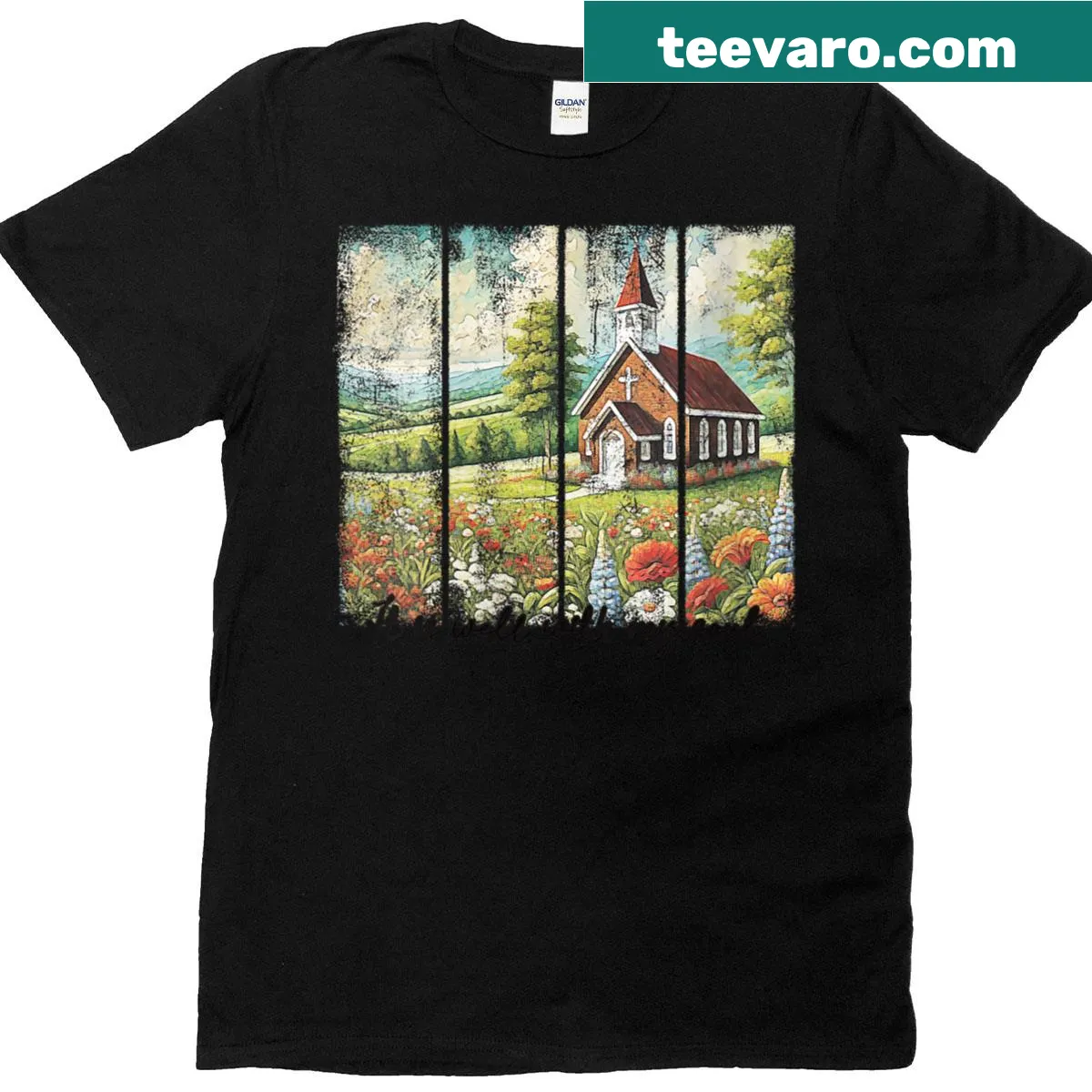 Vintage T-shirt with church design and 'It Is Well With My Soul' text — on a men's t-shirt