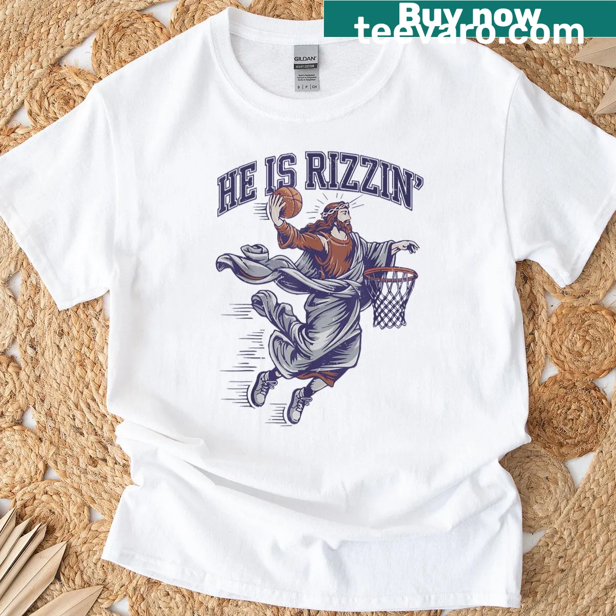 Toddler t-shirt with 'He Is Rizzin Jesus' and a basketball theme — on a men's t-shirt