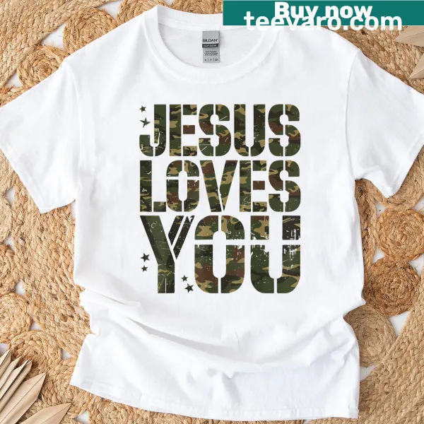 Camo design Youth T-shirt with 'Jesus Loves You' text for boys