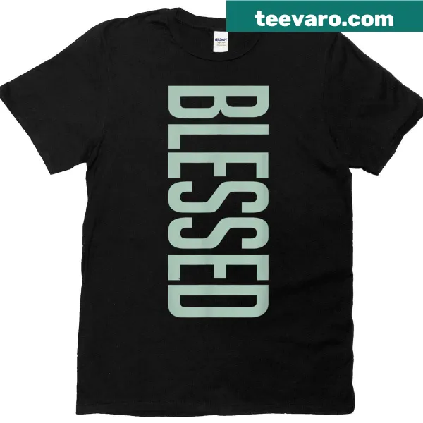 Minimalist Blessed T-shirt in seafoam green and white typography