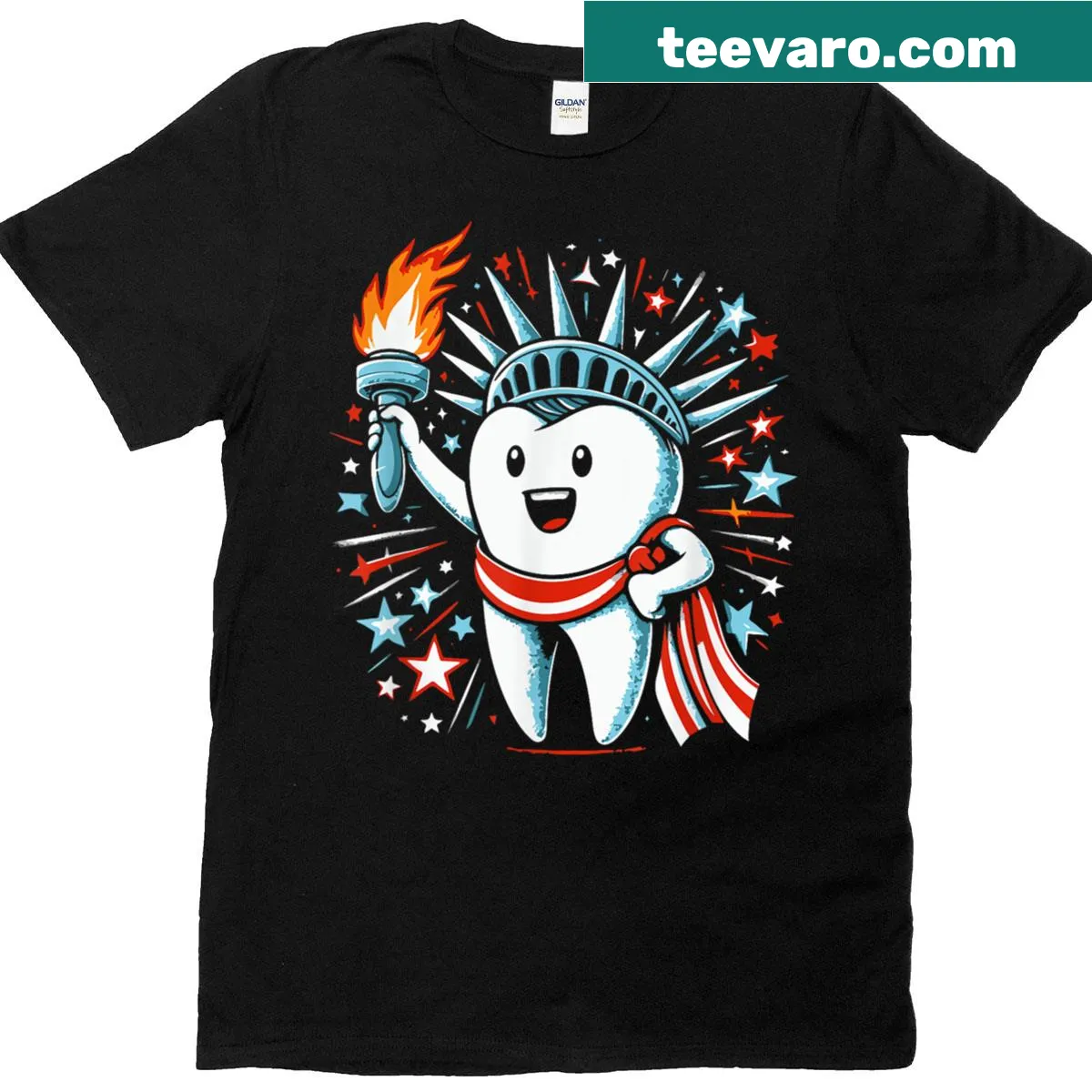 Patriotic T-shirt with a dental tooth design for Fourth of July — on a men's t-shirt