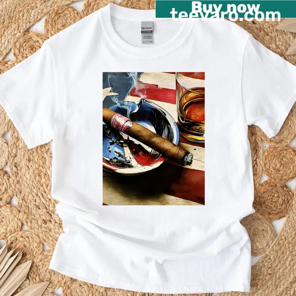 Whiskey and cigar on American flag background t-shirt