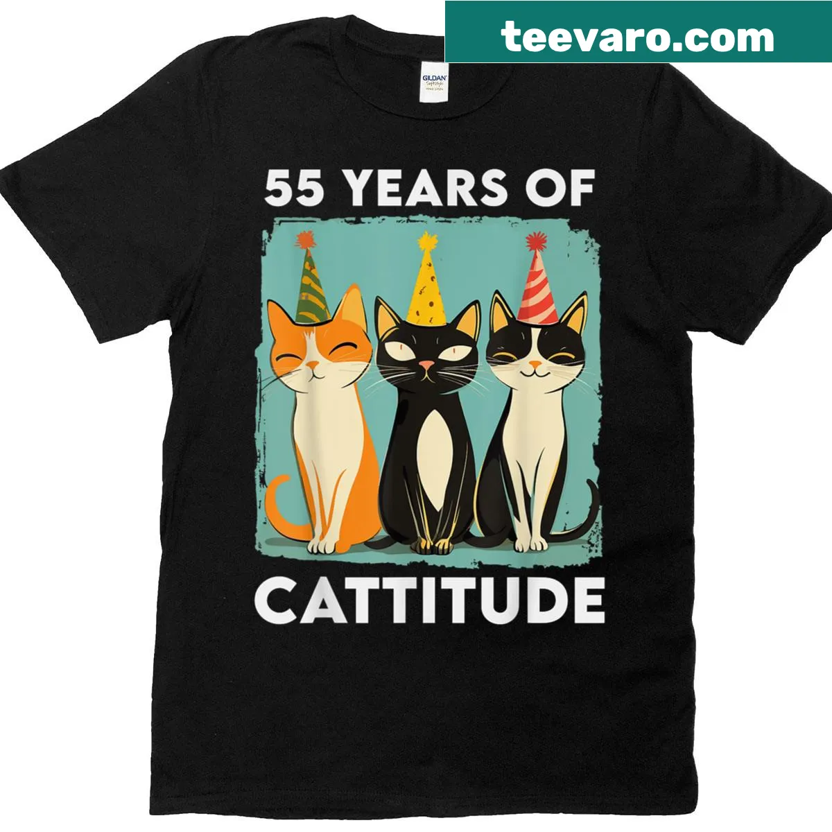 Vintage-style T-shirt celebrating 55 years of cattitude for cat lovers. — on a men's t-shirt