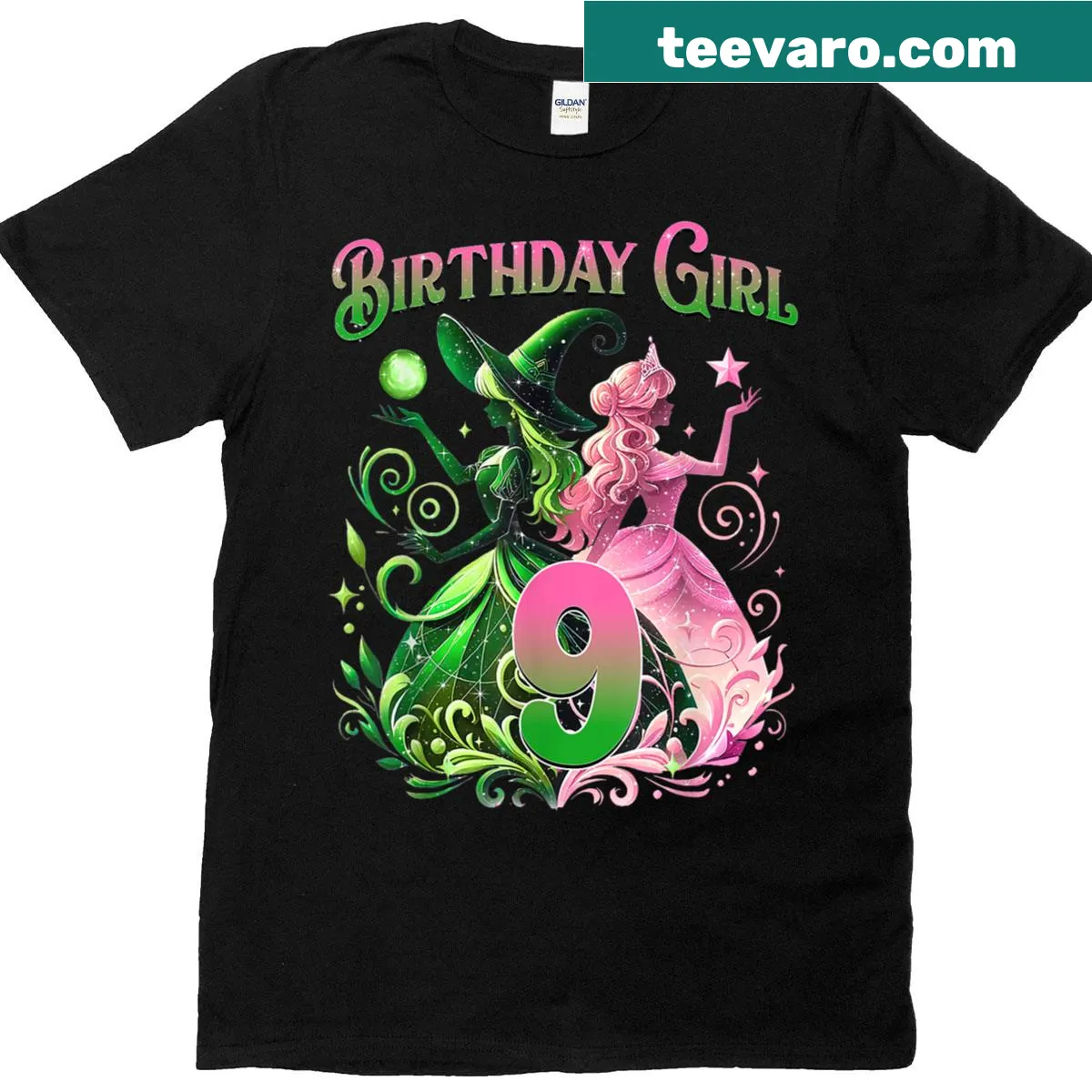 Illustrated birthday witch T-shirt for a 9-year-old girl — on a men's t-shirt