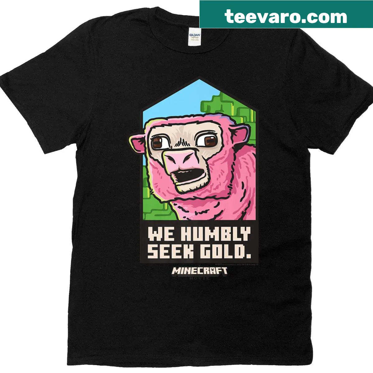 Minecraft-inspired T-shirt featuring a pink sheep and gold-seeking theme. — on a men's t-shirt