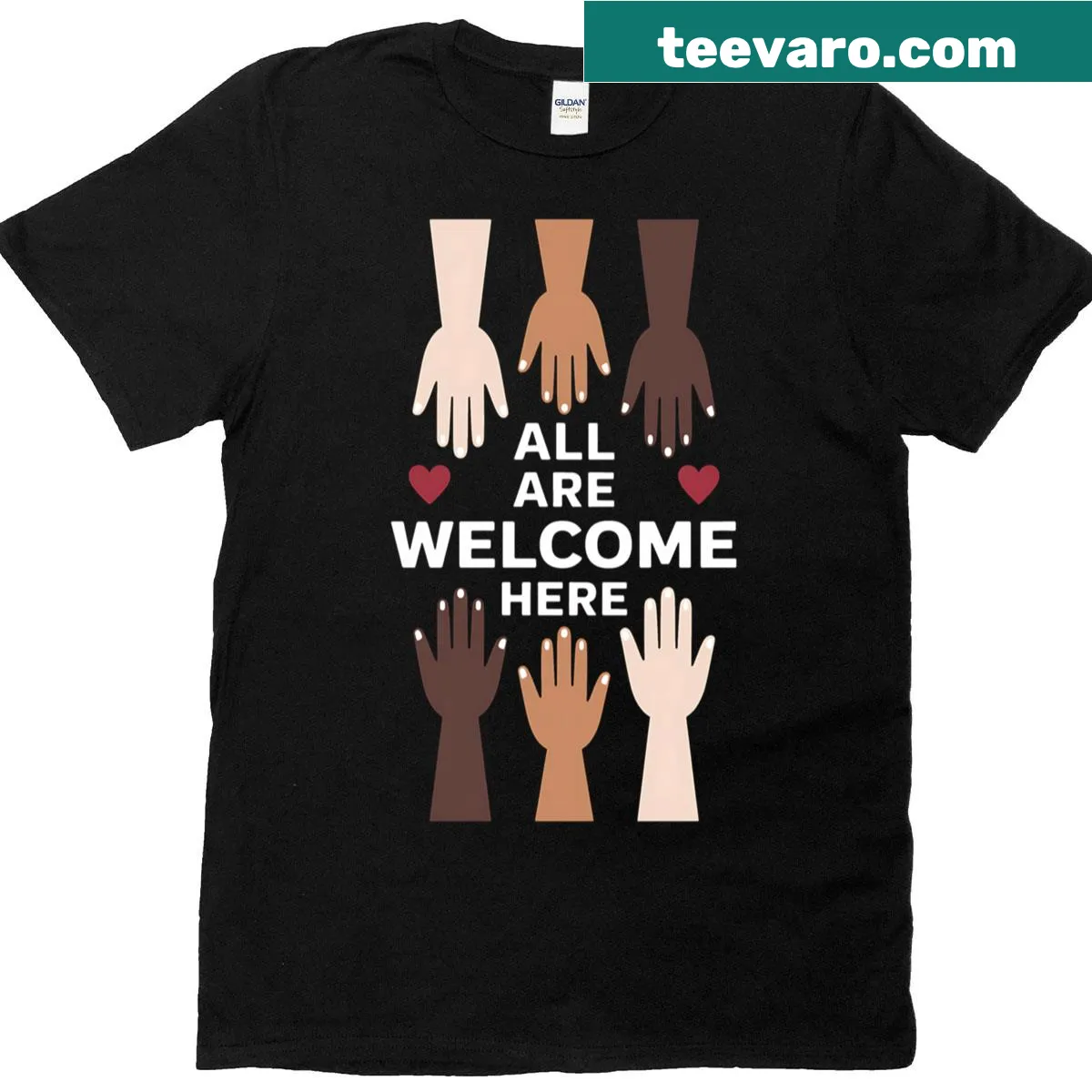 Illustrative teacher t-shirt with the message 'All Are Welcome Here' — on a men's t-shirt