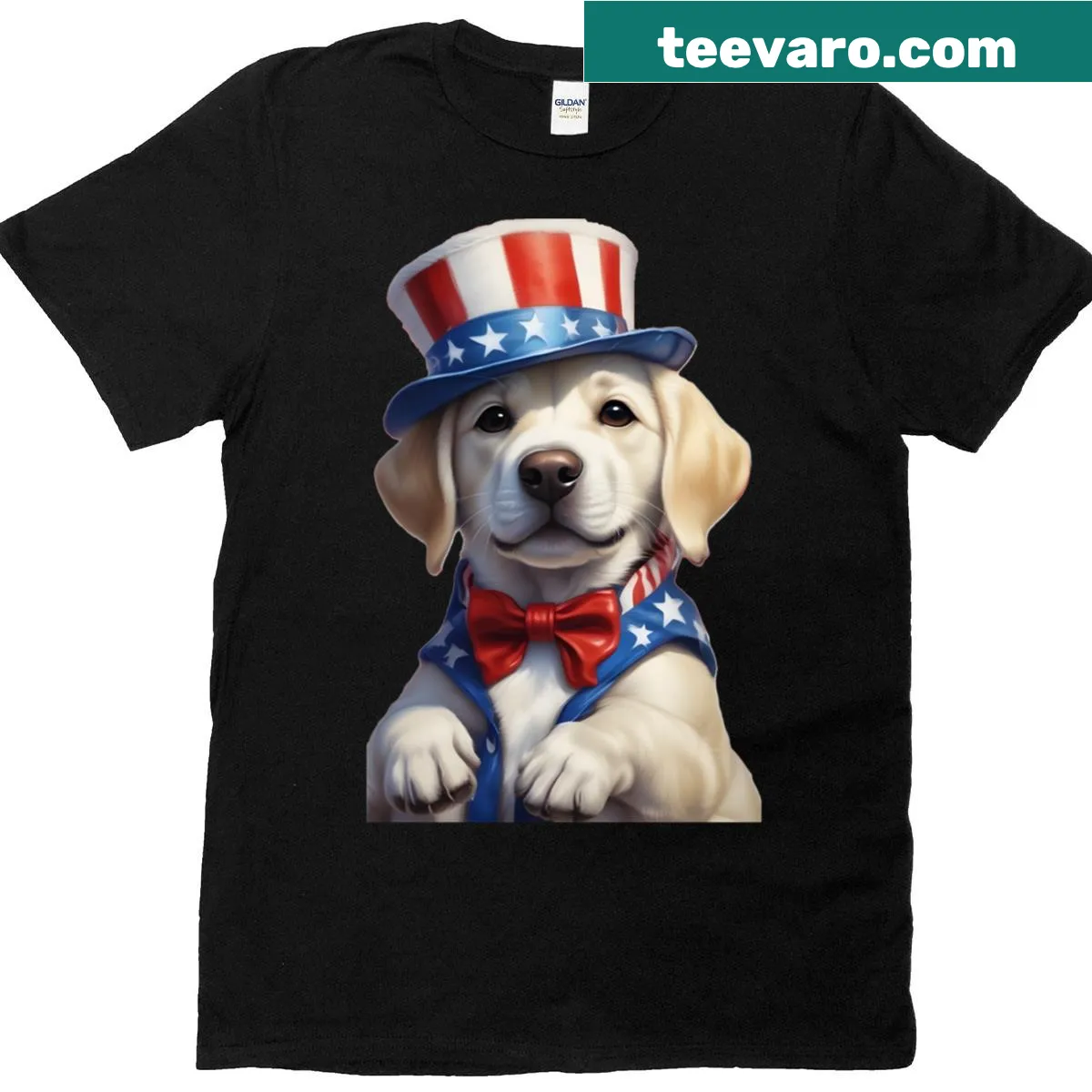 Illustration of a puppy with an American flag accessory — on a men's t-shirt