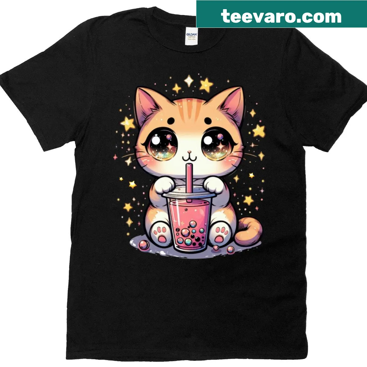 T-shirt featuring an anime cat enjoying bubble tea — on a men's t-shirt