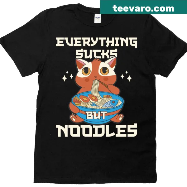 Funny t-shirt featuring an anime-style cat with noodles