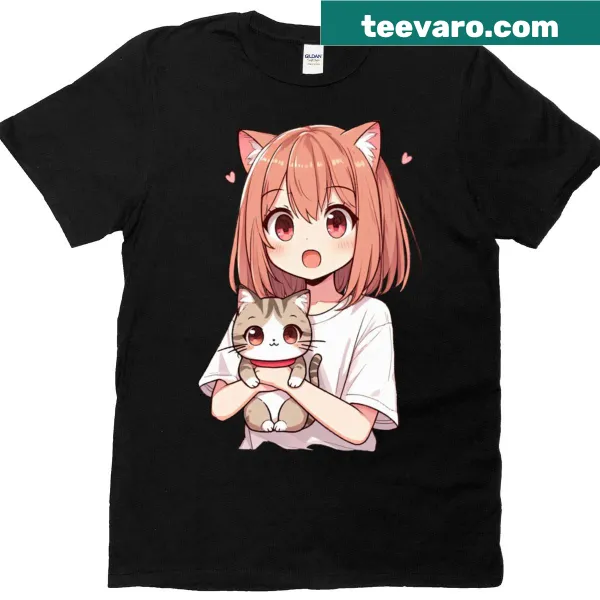 Anime girl cat illustration t-shirt featuring a playful character design