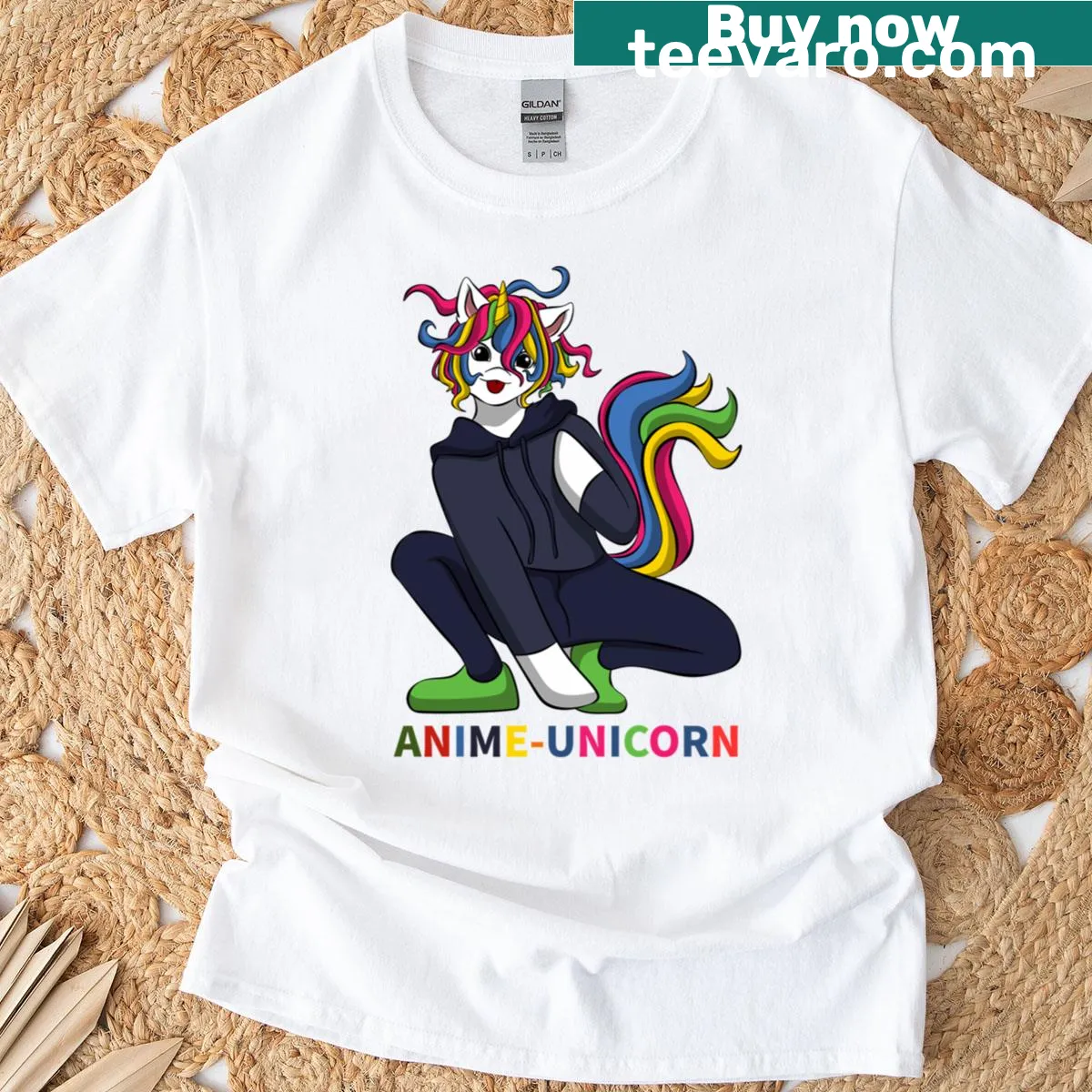 Anime T-shirt with a unicorn creature illustrated in manga style — on a men's t-shirt