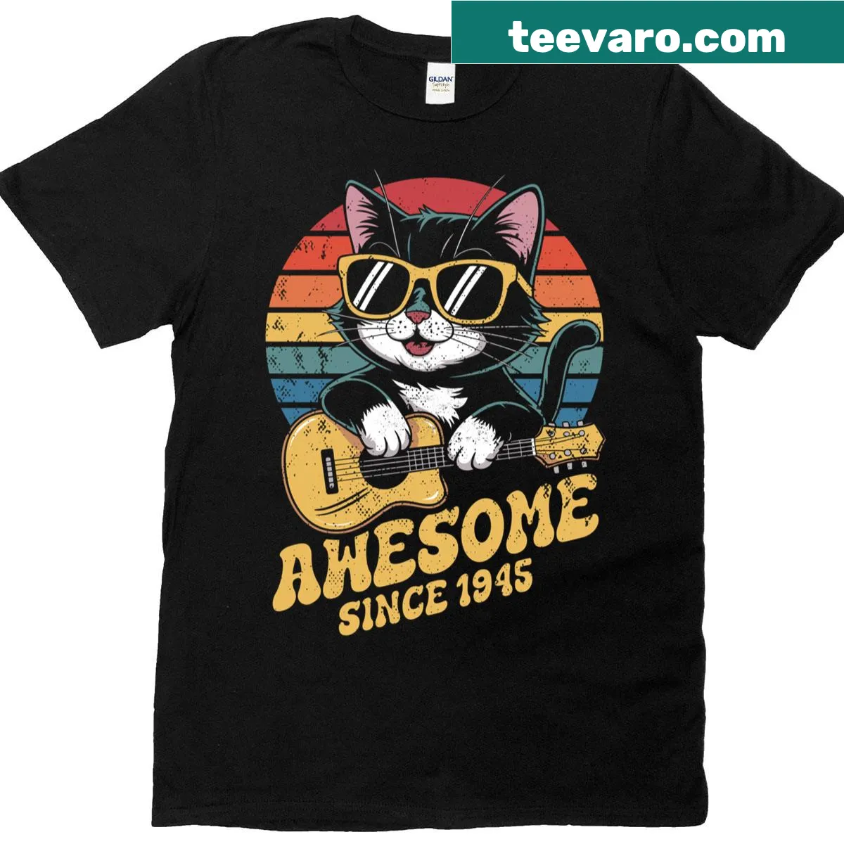 Vintage distressed t-shirt stating 'Awesome Since 1945' with cat graphics — on a men's t-shirt