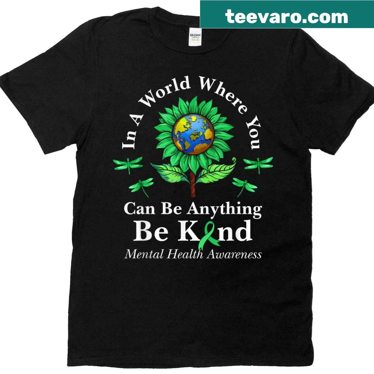 T-shirt with a green ribbon and sunflower promoting mental health awareness — on a men's t-shirt