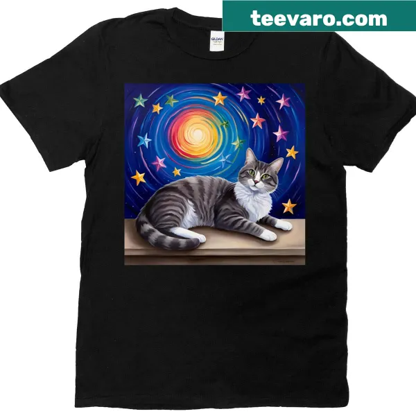 Illustrated cat surrounded by colorful stars T-shirt