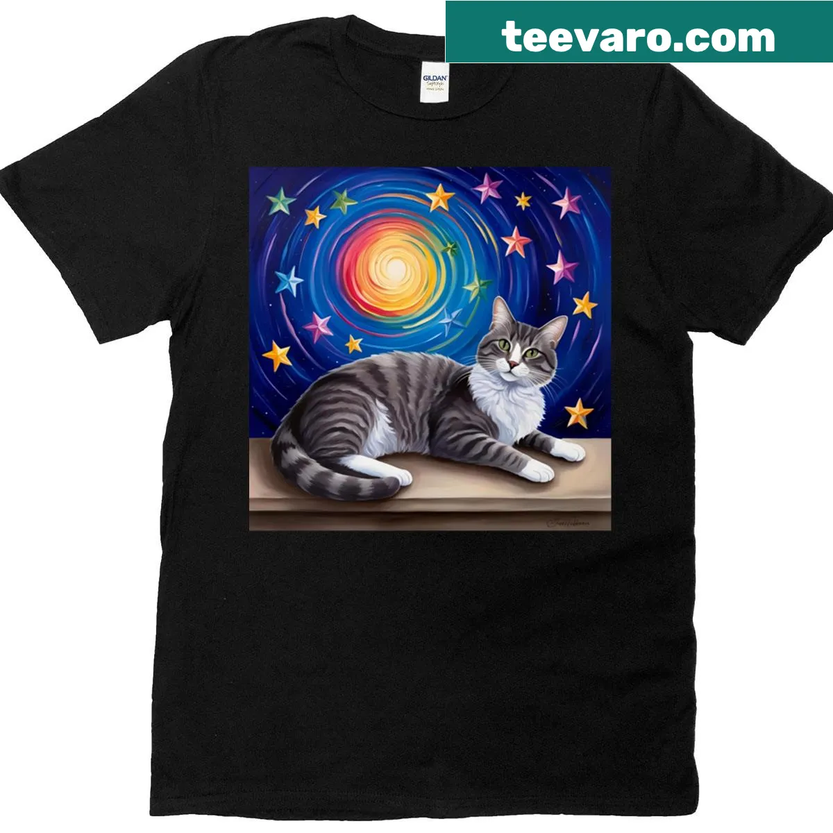 Illustrated cat surrounded by colorful stars T-shirt — on a men's t-shirt