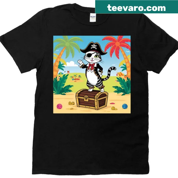 Playful pirate cat illustration on a treasure chest