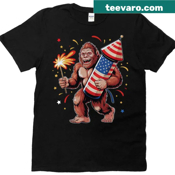 Patriotic t-shirt with Bigfoot and fireworks illustration