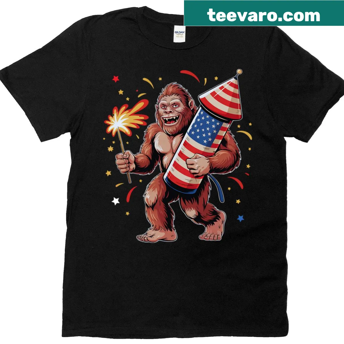 Patriotic t-shirt with Bigfoot and fireworks illustration — on a men's t-shirt