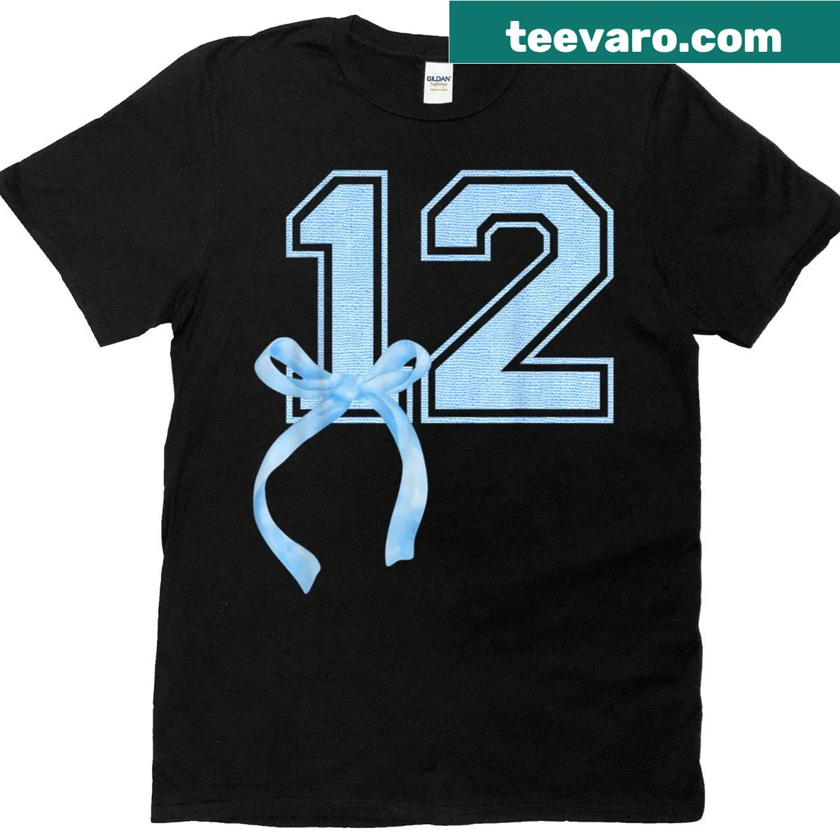 Illustrated Birthday Girl T-shirt with blue coquette bow design — on a men's t-shirt