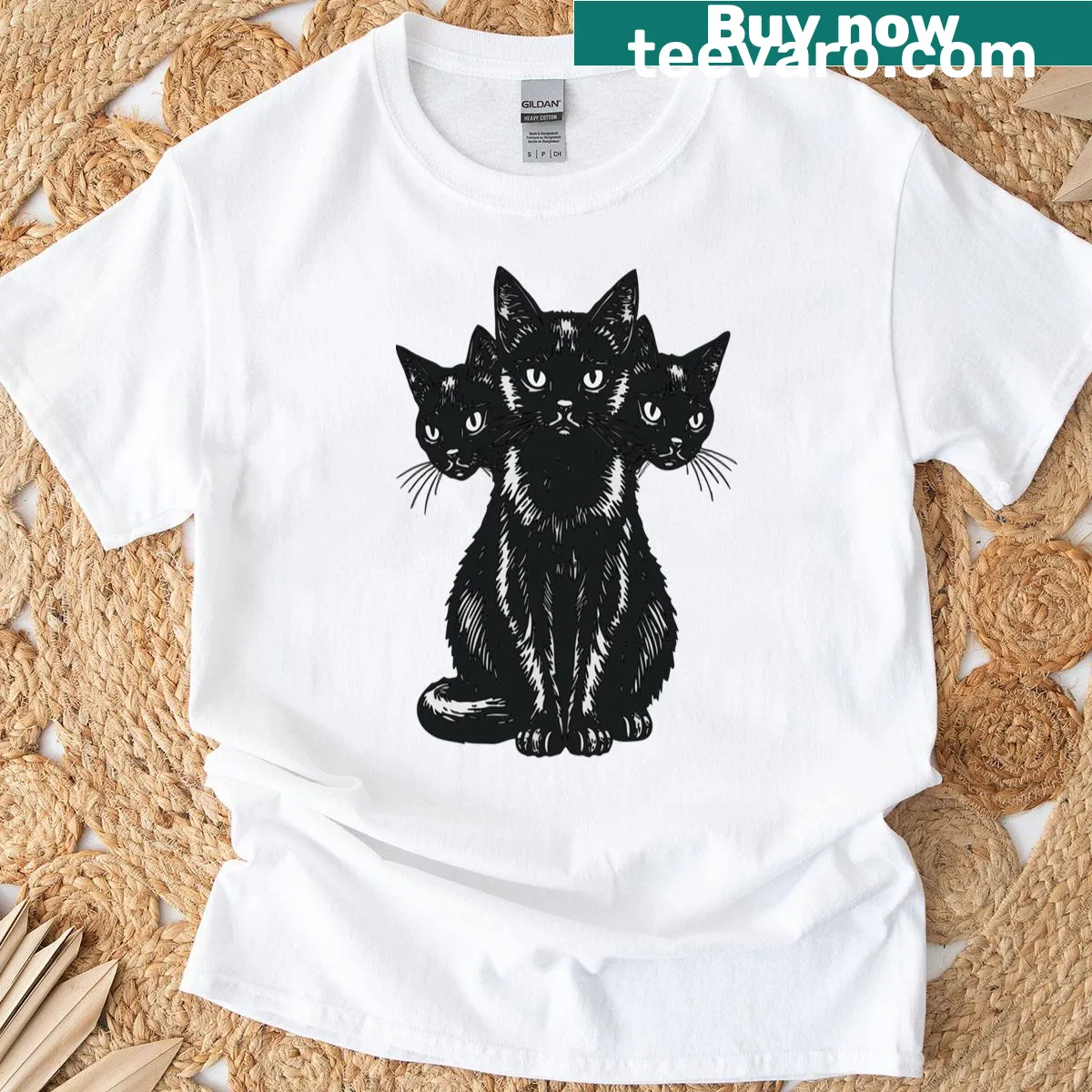 Unique T-shirt with a black cat design inspired by Cerberus. — on a men's t-shirt