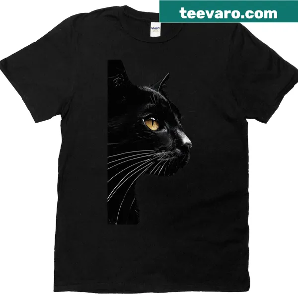 Playful black cat surrounded by colorful paint splashes on T-shirt