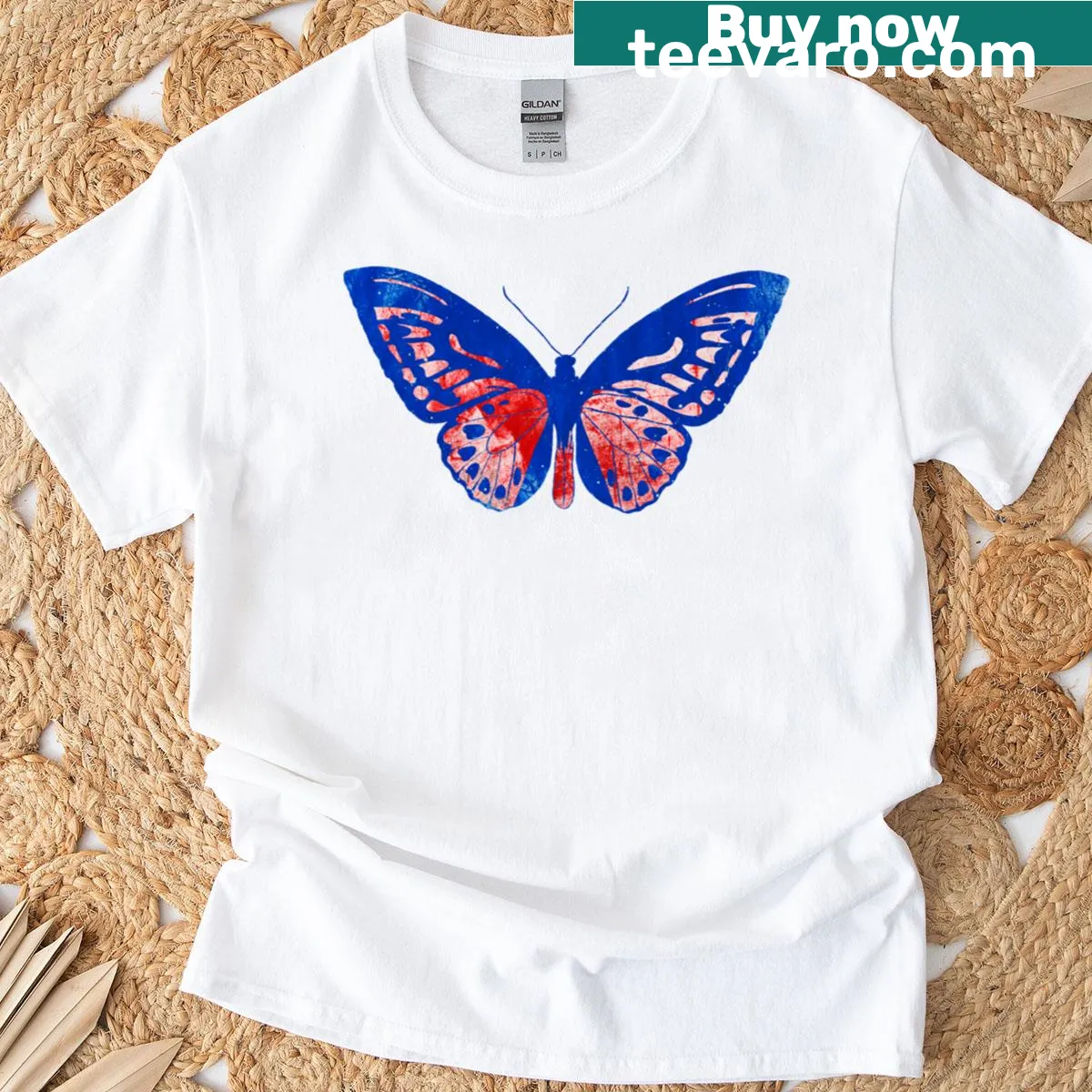 Illustration of a blue and red butterfly on a T-shirt. — on a men's t-shirt