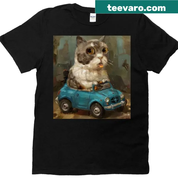 Whimsical blue cat driving a blue car graphic on T-shirt