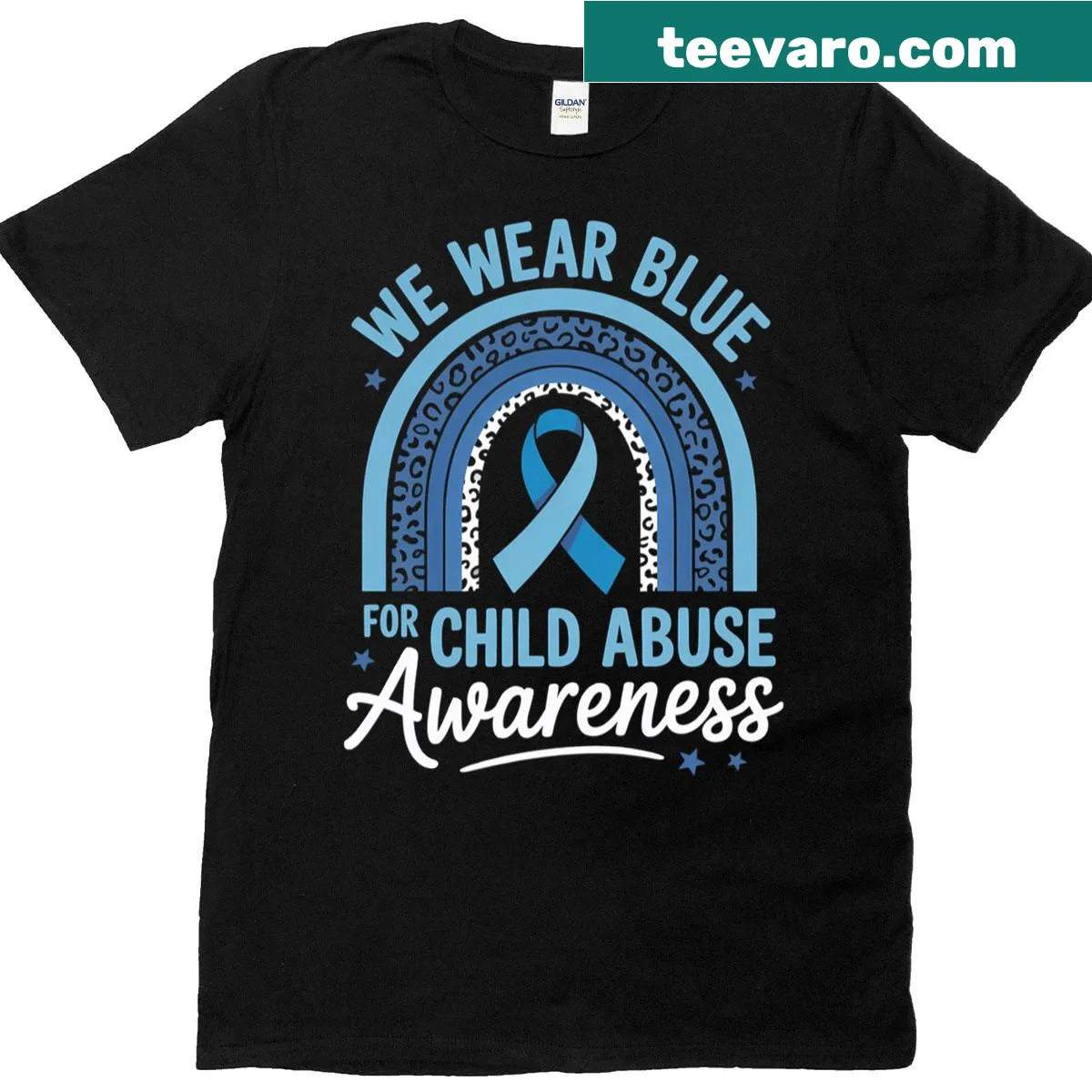 Blue ribbon graphic promoting child abuse awareness on T-shirt — on a men's t-shirt