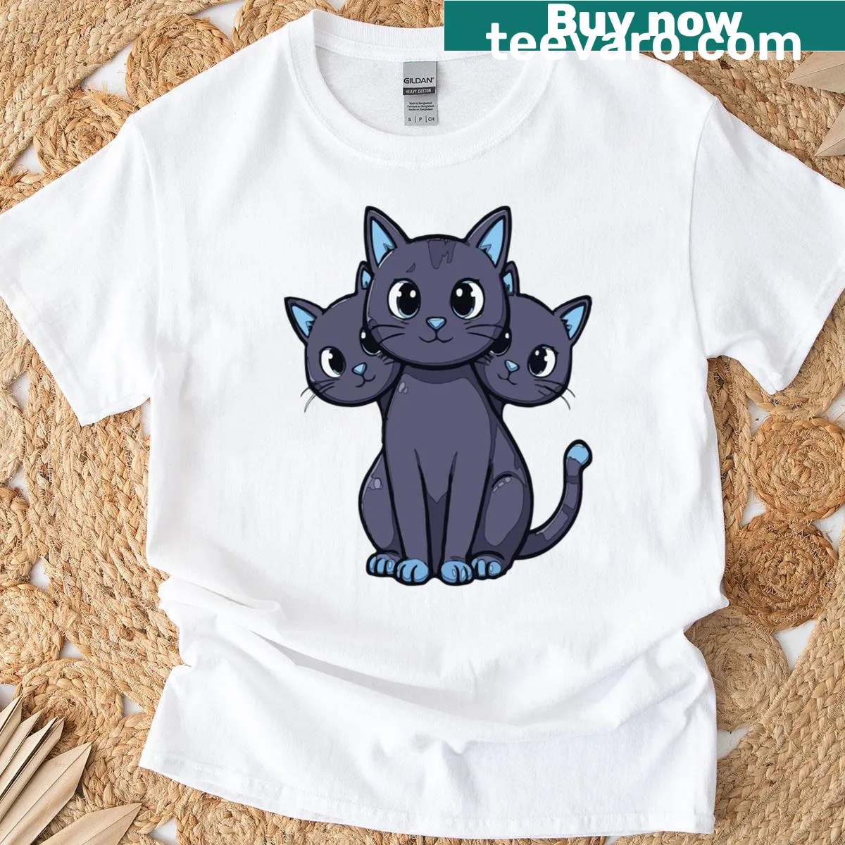 Unique illustration of a three-headed cat inspired by Cerberus — on a men's t-shirt