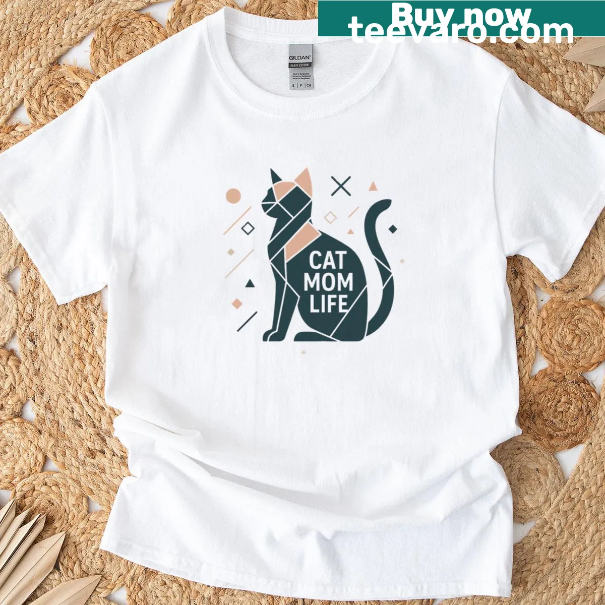 Geometric cat illustration with abstract elements on a t-shirt — on a men's t-shirt