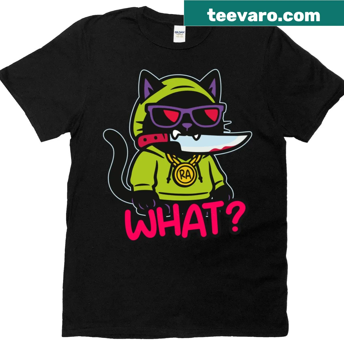 Edgy t-shirt featuring a black cat with a knife — on a men's t-shirt